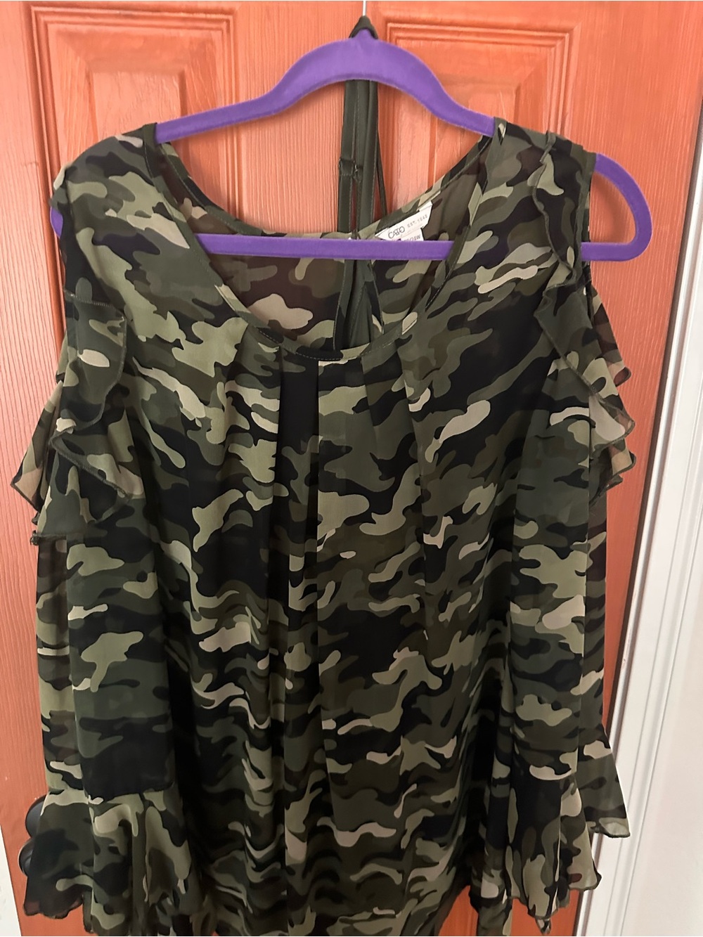 Cato Olive & Black Camo Cold-Shoulder Blouse